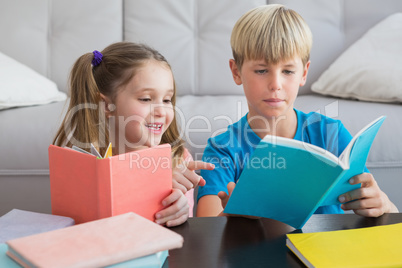 Happy siblings reading books on floor