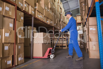 Worker pushing trolley with boxes in warehouse
