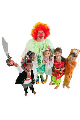 Funny clown with children in fancy dress