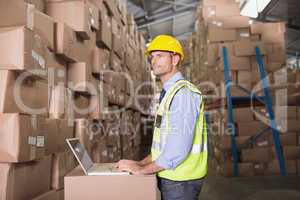 Workman with laptop at warehouse
