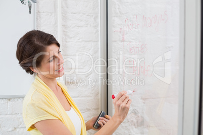 Businesswoman writing brainstorming ideas on board
