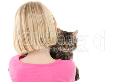 Cute girl holding grey kitten