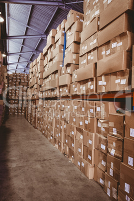 Shelves with boxes in warehouse