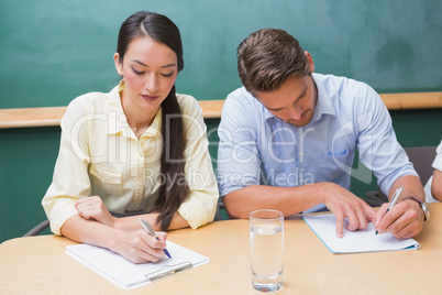 Focused business people taking notes during presentation