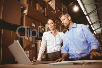 Colleague with laptop at warehouse