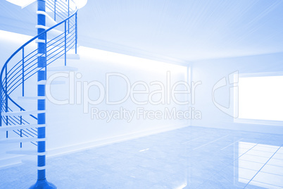 Bright blue room with spiral staircase