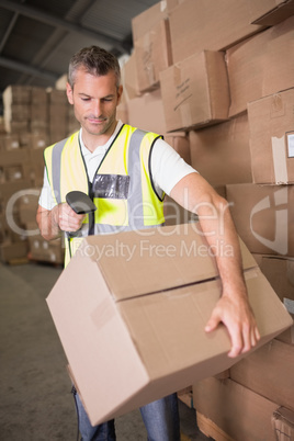 Worker scanning package in warehouse