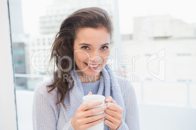 Pretty brunette having coffee by the window