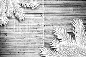 Fir branches on wooden planks