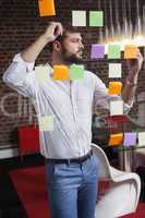 Casual businessman writing on sticky notes