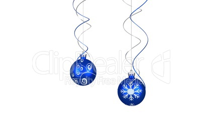 Two hanging blue bauble decorations