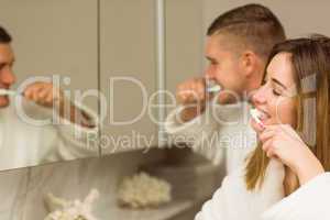 Cute couple brushing their teeth