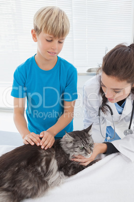 Vet petting a cat with its owner