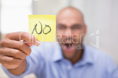 Businessman holding paper that says NO