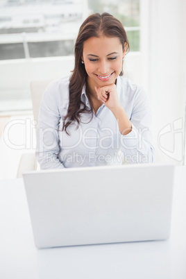 Happy businesswoman using laptop at her desk
