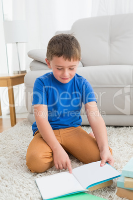 Little boy sitting on the floor reading storybook