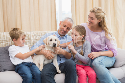 Parents with their children on sofa playing with puppy