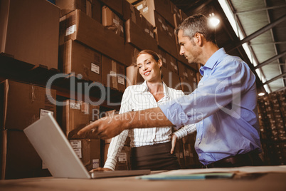 Colleague with laptop at warehouse