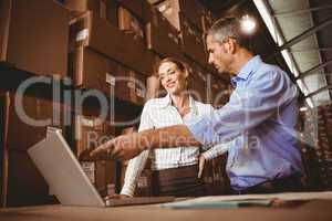 Colleague with laptop at warehouse