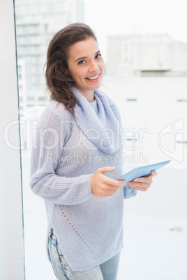 Pretty brunette using tablet pc by the window