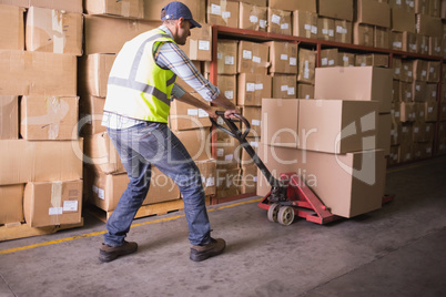 Worker pushing trolley with boxes in warehouse