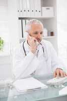 Doctor phoning and using computer