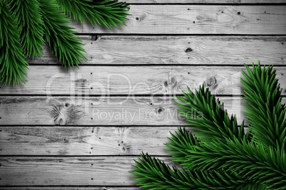 Fir branches on wooden planks