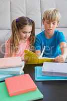 Happy siblings reading books on floor