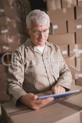 Warehouse worker using digital tablet