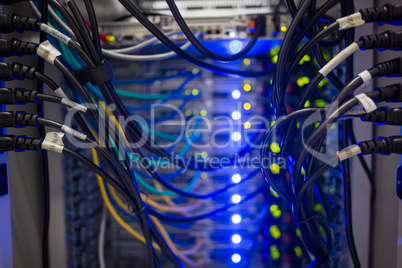Interior of server with wires blue