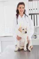 Smiling veterinarian examining a cute dog