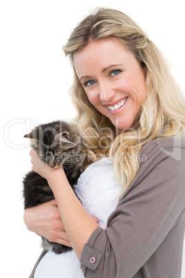 Pretty blonde holding a grey kitten