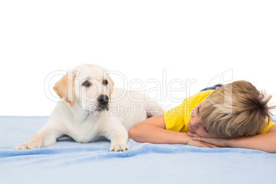 Happy little boy with puppy