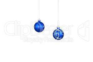 Two hanging blue bauble decorations