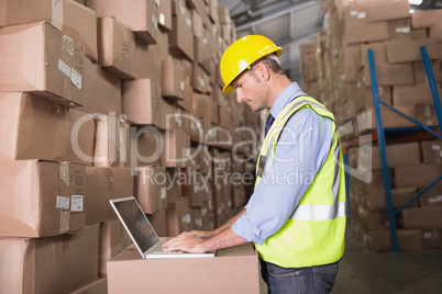 Workman using laptop at warehouse