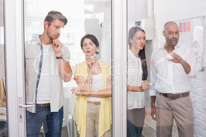 Casual business team writing on board together