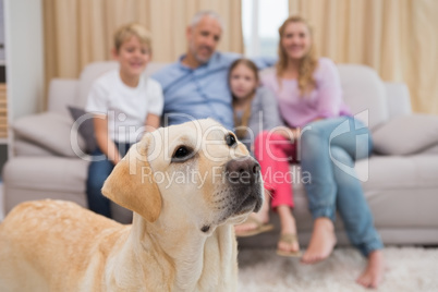 Parents and their children on sofa with labrador