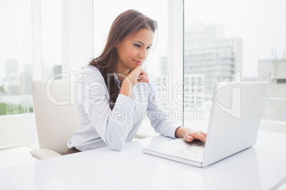 Happy businesswoman using laptop at her desk