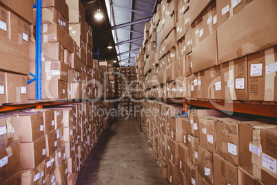 Shelves with boxes in warehouse