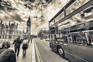 Double Decker bus crossing crowded Westminster Bridge