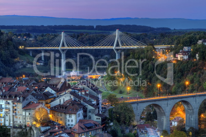 View of Poya and Zaehringen bridge, Fribourg, Switzerland, HDR