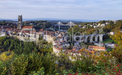 View of cathedral, Poya and Zaehringen bridge, Fribourg, Switzerland, HDR