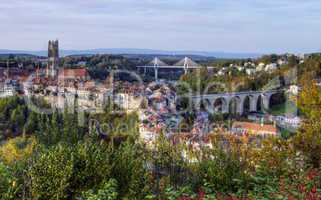 View of cathedral, Poya and Zaehringen bridge, Fribourg, Switzerland, HDR