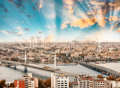 New Galata and Golden Horn Bridge, aerial view of Istanbul