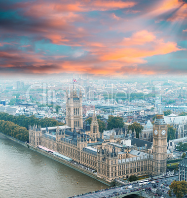 Wonderful aerial view of Big Ben and Houses of Parliament in Wes