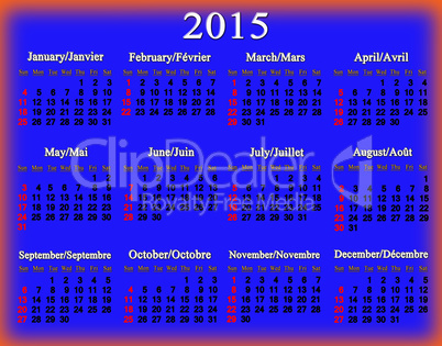 blue calendar for 2015 year in English and French