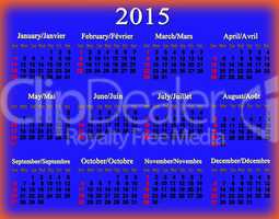 blue calendar for 2015 year in English and French