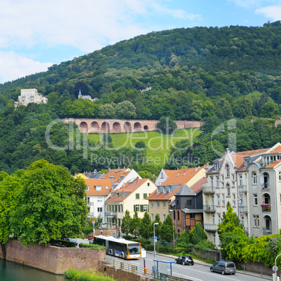 embankment city, mountain and sky