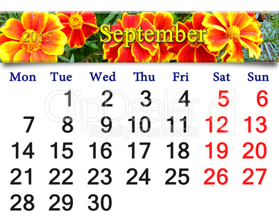 calendar for September of 2015 with the flowers of tagetes