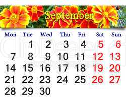 calendar for September of 2015 with the flowers of tagetes